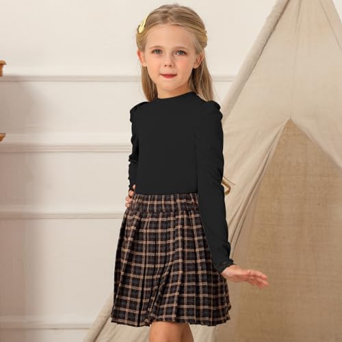 Image of Girls Blouses Long Sleeve T Shirts for Girls Tops Tees Puff Round Neck Rib Kids Tshirt White Beige Caramel