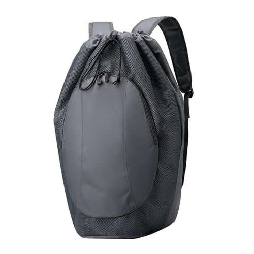 Drawstring Backpack with Mesh Compartment Nylon Sports Gym Bag Badminton Racket Bags for Dance Travel Swimming Women Men, Grey