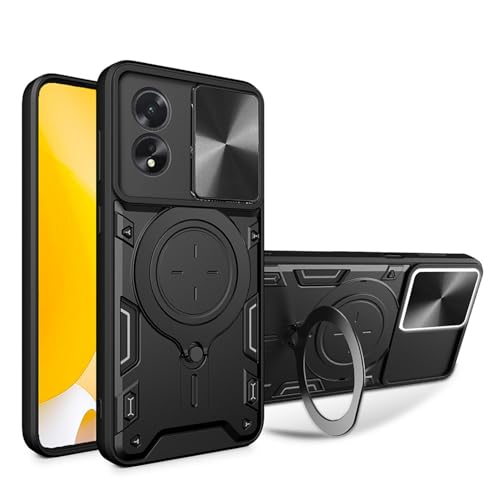 ILING Funda para OPPO A78 5G, Textura de Metal Dura Mate PC Carcasa, Silicona TPU Bumper Antigolpes Cubierta con Anillo Soporte y Tapa Cámara Deslizante (Negro)