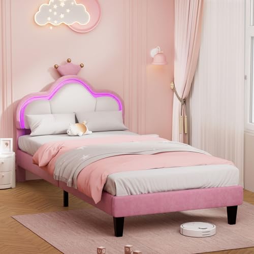 Artswish Lit Princesse Fille 90x200 cm LED, Lit Rembourré avec Tête De Réglable, Single Lit für Kleine Räum, Velours, Rose (sans Matelas)