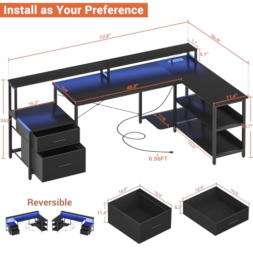 Aheaplus L Shaped Desk with File Drawer, 72.8" Reversible L Shaped Computer Desk with Power Outlet & LED Strip, Gaming Desks with Long Monitor Stand, Corner Office Desks with Storage Shelf, Black