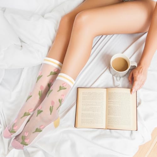 Image of Suhine 8 Pairs Floral Sheer Sock Women Embroidered Jacquard Crystal Glass Socks Thin Mesh Lace for Summer