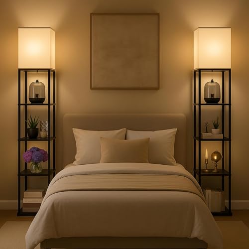 Image of HOMIFLY 5 Tier Metal Floor Lamp with Wooden Shelves /Square Lamp with 3 Adjustable Color Mode /Corner Display Book & Vase Shelf /Standing Night Lamps for Living-Study Room /Home Decor /Bedroom(Black)
