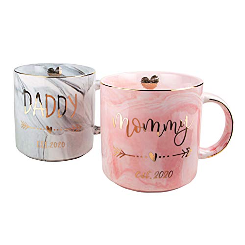 VILIGHT New Mom and First Time Pregnancy Gifts - Mommy and Daddy est 2020 Mugs for Parents to be - Marble Ceramic Cup 11.5 oz