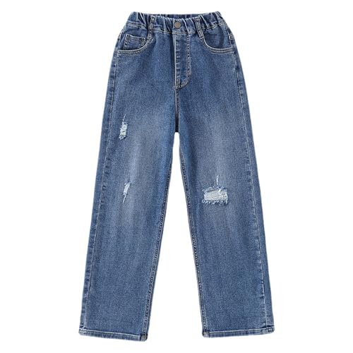 Girl's Asymmetrical Ripped Jeans Y2K Streetwear Elastic Waisted Wide Leg Straight Denim Pants with Pockets 2025 Trendy2