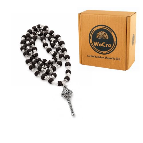 Image of Karungali Malai 8mm Certified with Bajrang Hanuman Gada Pendant Silver Plated | 54 Beads Authentic Black Ebony Wood Mala with German Silver Cap | Spiritual Protection Chain for Men & Women