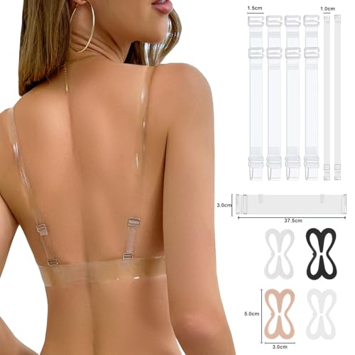 Clear Bra Straps, 3 Pairs Adjustable Shoulder Straps+1Pc Wide Back Strap+4Pcs Bra Strap Clips to Make Racerback2