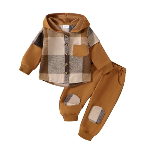 Douhoow Toddler Boy Outfits Baby Flannel Hoodie Plaid Sweatshirt Sweatpants Baby Boy Fall Winter Festival Clothes (Brown, 18-24 Months)