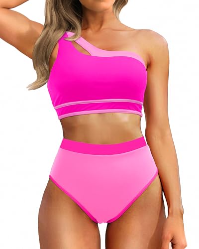 Tempt Me Women One Shoulder High Waisted Bikini Color Block Two Piece Swimsuits Cutout 2 Piece Bathing Suit