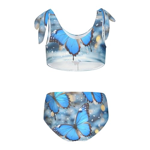 Girls' Bikini Set, Blue Butterflies Above The Water Kids Swimsuit 2 Pcs Beach Bathing Suit2
