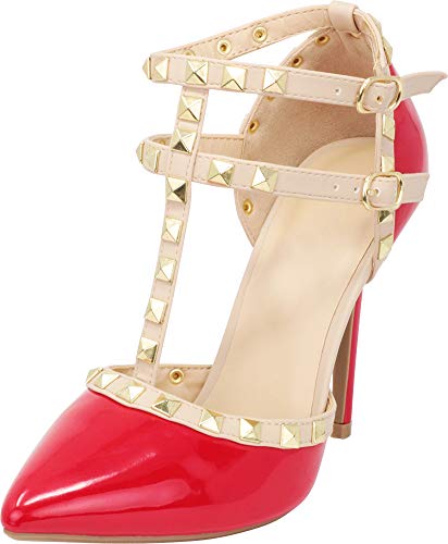 Wild Diva Womens Pointy Toe Gold Stud Strappy Ankle T-Strap Stiletto Heel Pump