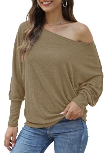 Image of Aifer Women's Off The Shoulder Tops Sexy Long Sleeve Shirts Oversized Fashion Casual Batwing Sweaters Pullover Tunic Tops