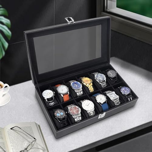 Image of Luxury Leather Watch Organizer with Glass Display | 12 Slot Watch Box Case for Men & Women | Premium Watch Storage Display Case | Travel Ready Watch Storage Box | Gift item (Watch Not Included)