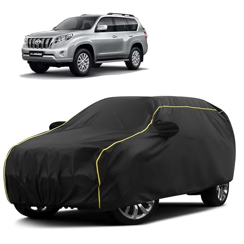 Image of Sulfar 100% Water Resistant Car Body Cover Compatible with Mirror for Toyota Prado (Triple Stitched, Full Bottom Elastic, Black Taffeta with Yellow Piping)