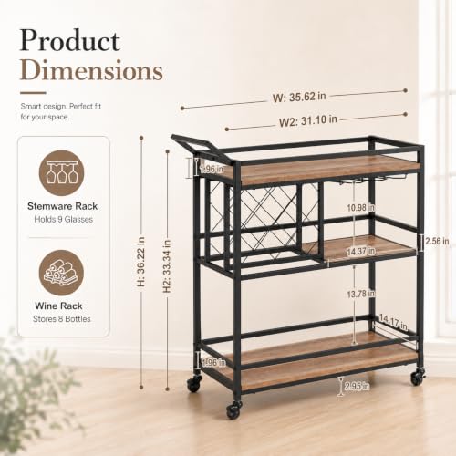 Image of FATORRI Bar Cart with Wheels, Wine & Liquor Cart for Home