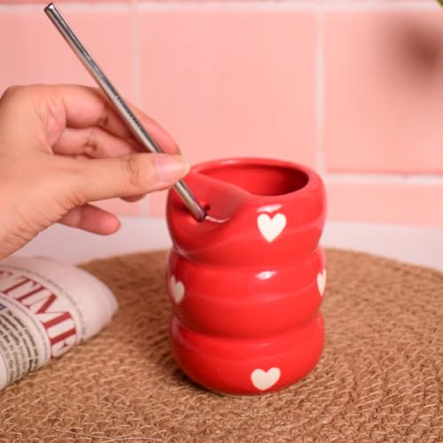 Image of Sip Bubble Ceramic Tumbler with Stainless Steel Straw | Red Heart Pattern, Handmade, Drinkware | 220 ML