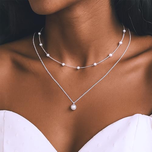 Silver Pearl Necklace Set, Dainty Pearl Choker Layered Prom Necklaces for Women White Pendant Necklace, Trendy Silver Jewelry for Women as Bride Gifts2
