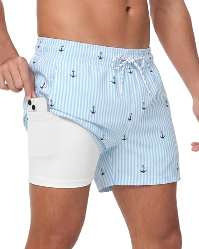 Sixfish Mens Swim Trunks with 4 Inch Compression Liner 2 in 1 Quick Dry Board Shorts with Zipper Pockets & Chafe-Reducing Comfort for Beach Vacation & Pool Parties