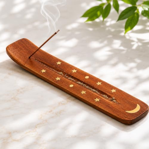 Image of Pure Source India Wooden 10 inch Incense Stick Holder with Brass Moon & Star Inlay Design - Handmade Agarbatti Stand for Home, Puja, and Meditation