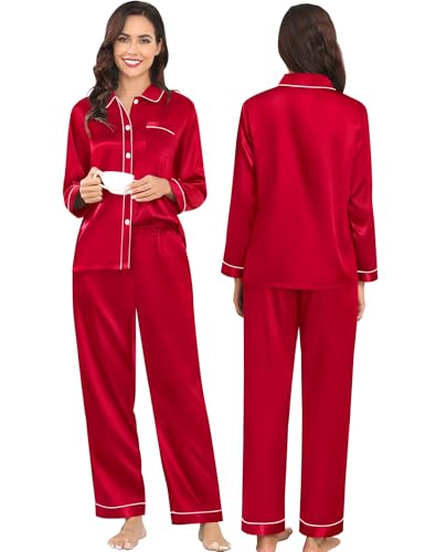 SWOMOG Couples Satin Pajamas Set Women & Men 2PCS Pjs Long Sleeve & Pants Sleepwear Button-Down Loungewear with Pockets2