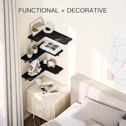 Image of Dime Store Modern Engineered Wood Corner Wall Shelf Set for Living Room & Bedroom - Floating Corner Shelves with Metal Brackets - Storage & Display Shelves for Home Decor, Office & Kitchen (Black)