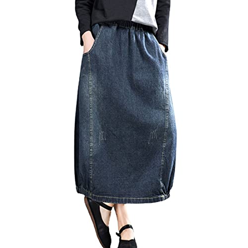 ebossy Women's High Waisted Distressed Ripped Embroidered Pattern Long Denim Maxi Skirt with Pockets