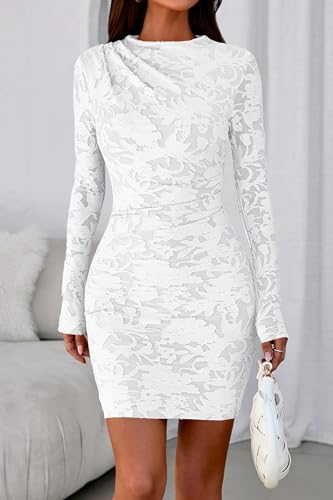 PRETTYGARDEN Women's Fall Bodycon Dresses 2025 Sexy Long Sleeve Ruched Lace Floral Mini Party Dress Tight Club Outfits2