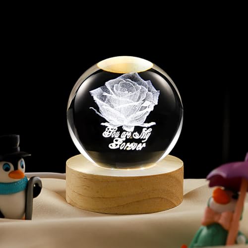 Image of 3D Rose Crystal Ball Lamp with Dimmable LED and Wooden Base, Night Light for Kids Teens Adults, Home Desk Office Bedroom Decor, Birthday Gift (2.4 inch / 6cm)