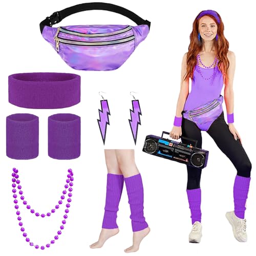 LUKIUP 80s Acessórios mulher conjunto de 9 peças, disfarce anos 90 mulher com riança roxa, conjuntos de pernas, brincos, colares, pulseira de faixa desportiva, para festas dos anos 80 12