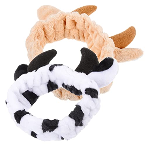 FRCOLOR 2 Pcs Animal Ear Spa Headband Milk Cow Hairband Plush Face Wash Hair Wrap Horn Cosmetic Shower Hairband Elasticity Makeup Skincare Sweatband Towel for Home