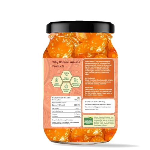 Image of Arivasa Organics Bael Murabba with Honey (500g) Natural & Fresh Wood Apple (Bel) Marmalade | Handmade Sweet Preserve - Supports Gut Health, Immunity & Overall Wellness (No Added Sugar, Artificial Preservatives or Flavors)