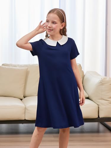 GORLYA Girls Vintage Collar Casual Loose Straight Swing T-Shirt Dress with Pockets 4-14Y3