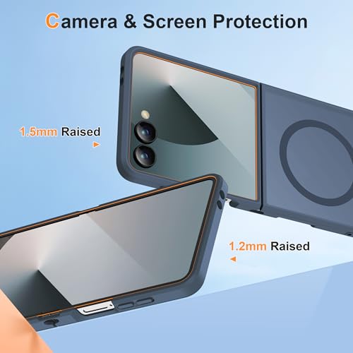Image of ORETECH Magnetic for Samsung Galaxy Z Flip 7 Case, with [2 x Screen Protector] Translucent Back Non-Slip Hard PC Shockproof Bumper Protective Case for Samsung Z Flip 7 - Navy Blue