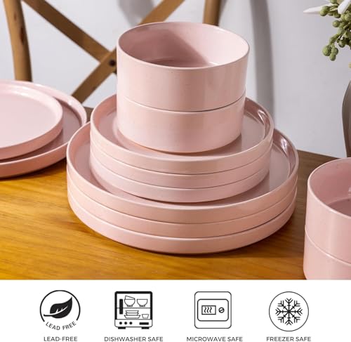 Image of AmorArc Ceramic Dinnerware Set for 6 | Speckled Stoneware Plates and Bowls with Rustic Terracotta Underside| Scratch Resistant,Dishwasher & Microwave Safe Dishes Sets- 18pcs Pink