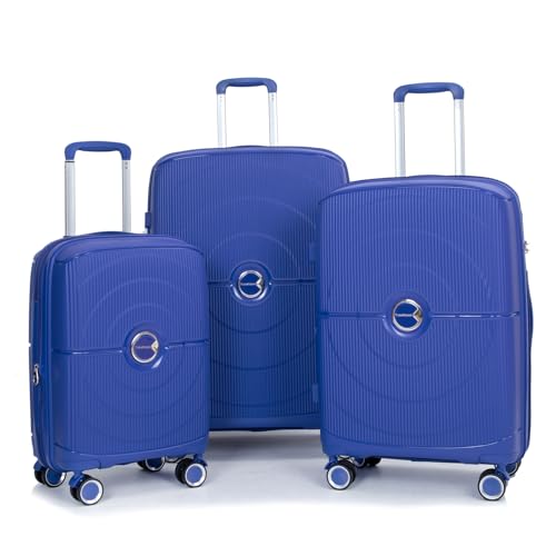 Expandable 3-Piece Hardshell Luggage Set, PP Lightweight Suitcase w/Double Spinner Wheels, TSA Lock, 20% Expansion Fashion Color-Match (20”/24”/28”) (Navy)