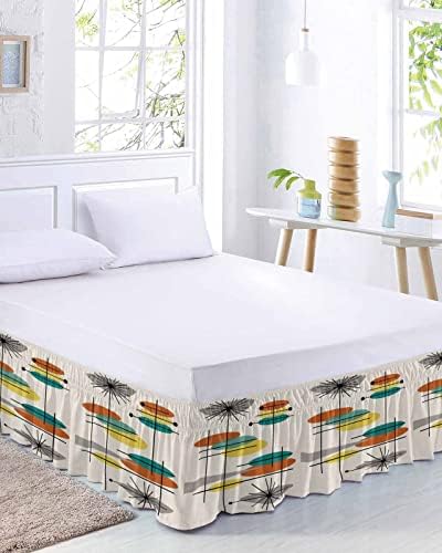 Turquoise Orange Bed Skirt Queen Size 18 Inch Drop, Adjustable & Elastic Wrap Around Bed Skirts Pleated Luxury Dust Ruffles For Twin Full Queen Cal King Base Bed, Retro Middle Teal Century Yellow Grey