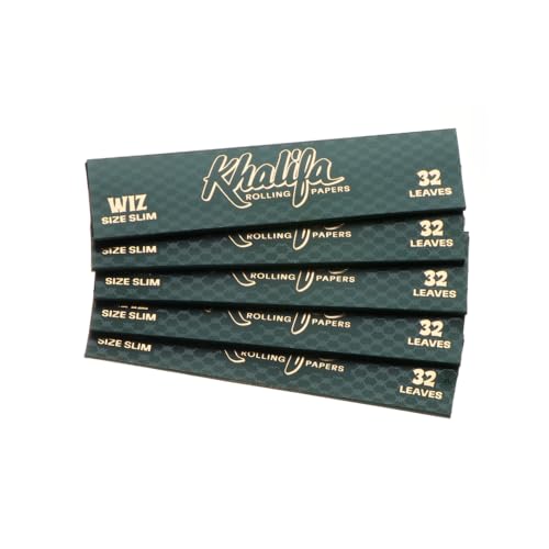 Khalifa Rolling Papers - Wiz Size Rolling Papers - Extra Long Perfect Burn Smoking Papers (5 Pack Bundle) 160 Natural Slow Burning Slim Rolling Papers - 32 Unbleached Leaves Per Pack