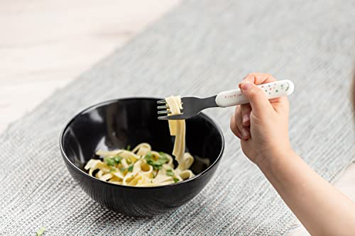 Foto von MiaMia Kinder und Baby Besteck Set - sicheres, geprüftes und lebensmittelechts Babybesteck aus Edelstahl mit handlichen Griffen - Creme Weiß (ab 18 Monate (6 Teile))