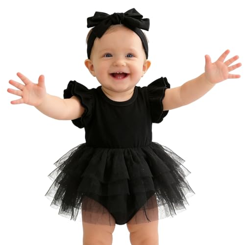 Image of Baby Girl Clothes Infant Ruffle Sleeve Romper Dress Newborn Solid Tutu Skirt Sets Jumpsuit Headband Outfit