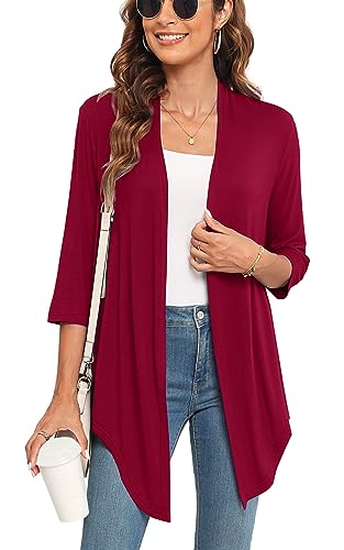 Image of Veryoung 3 /4 Sleeve Tie Front Cardigan for Women Soft Drape Open Front Light Waterfall Cardigan Fall Shrug Irregular Hem