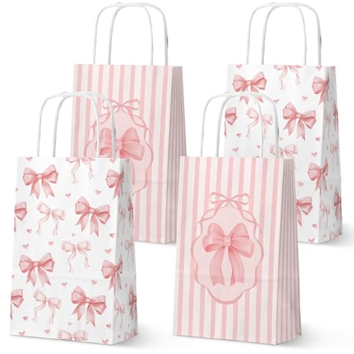 FRIDAY NIGHT Pink Bow Paper Gift Bags with Handle 16 PCS Valentine's Day Gift Bag Pink Party Favor Bag Cute Bow Goodie Candy Treat bags for Birthday Wedding Engagement
