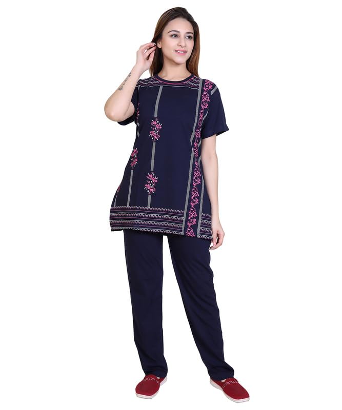 RG Summer Daily Night Wear Cotton Round Neck Printed Half Sleeve Top& Bottom For Women's