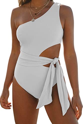 LILLUSORYÂ WomenÂ OneÂ PieceÂ SwimsuitsÂ SexyÂ OneÂ ShoulderÂ MonokinisÂ TummyÂ ControlÂ TieÂ SideÂ CutÂ OutÂ BathingÂ Suits White