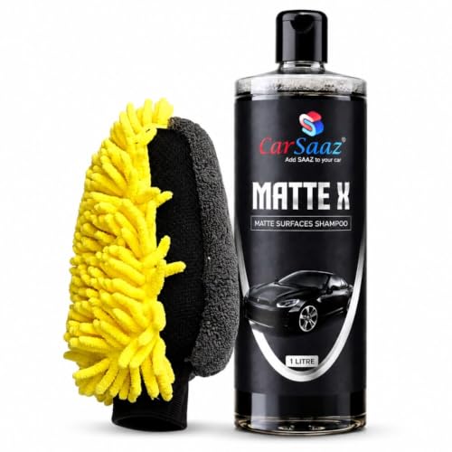 Image of CAR SAAZ Matte X Car & Bike Wash Shampoo (1 Ltr) with Waterproof Microfiber Mitt Glove | Matte Painted Cars, Bikes Shampoo | Wash, Shine & Protect | pH Neutral, Highly Effective (1000 ml)
