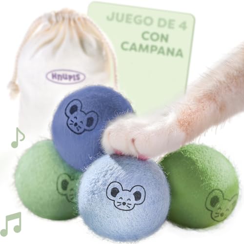 Knupis Bolas para Gatos con Cascabeles - 4 Bolas De Lana - Juguete Sostenible para Gatos con Colores Brillantes Y Sonido Suave - Incl. Bolsa De Almacenamiento