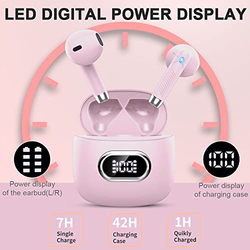 Image of Wireless Earbuds, Bluetooth Headphones, Stereo Bass Ear Buds with ENC Noise Cancelling Mics,42H Bluetooth Earbuds with LED Display Charging Case, IP7 Waterproof Earphones for Android iOS /Light pink