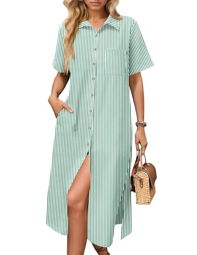 Image of HOTOUCH Womens Dress Summer Casual Midi Short Sleeve Button Down Shirt Dresses Loose Beach Cover Up with Pockets