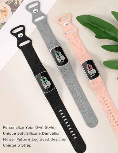 TOYOUTHS 3 Packs Floral Engraved Compatible with Fitbit Charge 5/Charge 6 Strap for Women Soft Waterproof Silicone Sport Band with Cute Dandelion Flower Pattern - Image 3