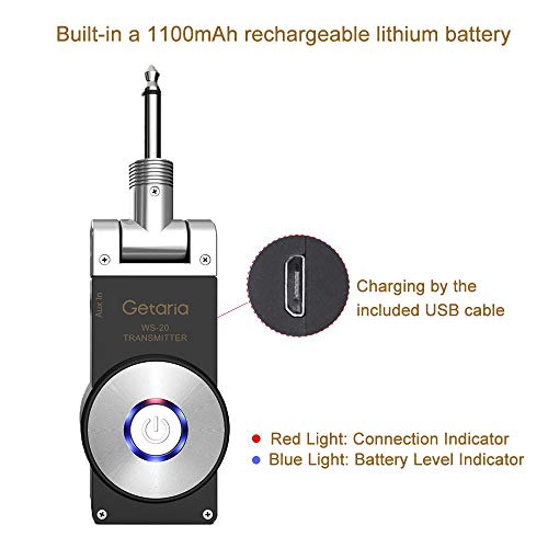 Getaria 2.4GHZ Wireless Guitar System Transmitter Receiver for Electric Guitar Bass Violin with Rechargeable Battery