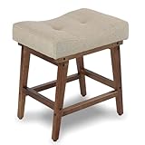 FLYZC Vanity Stool with Wood Legs, Saddle Seat Makeup Stool Chairs, U-Shaped Ottoman Foot Rest Stools, Modern Makeup Bench, Small Square Chair Under Desk for Vanity, Living Room, Linen Light Brown